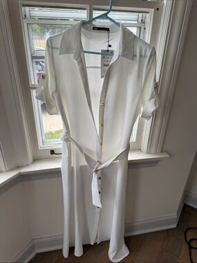 Zara White Maxi Shirt Dress with Tie Waist